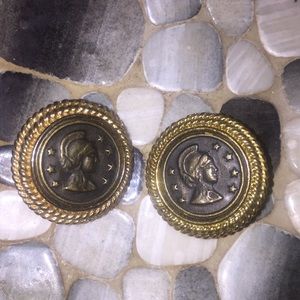 Vintage round Roman warrior gold clip on earrings